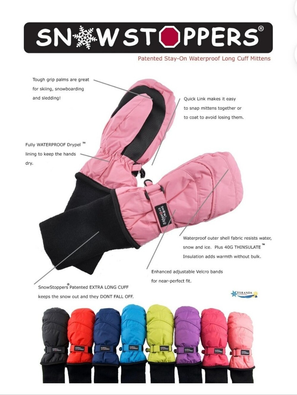 SnowStoppers Original Kids Winter Mittens With Long Wrist Cuff, 1-3 Yrs